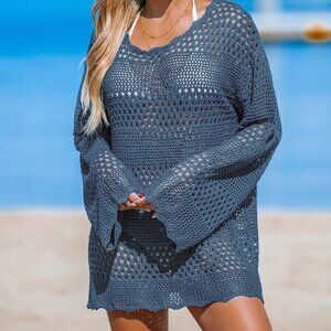 Cupshe Sapphire Round Neck Long Sleeve Crochet Cover-Up Dress Size L | NWT
